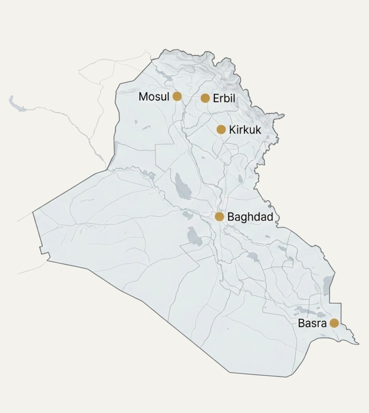 خريطة العراق تُظهر مكاتب درع النصر في البصرة وكركوك وأربيل والموصل وبغداد