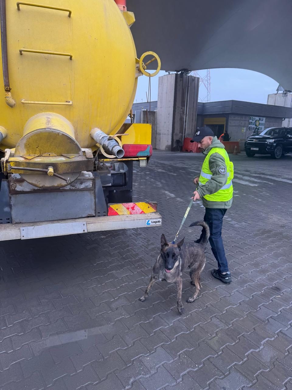 A handler and detection dog at the rear of a tanker